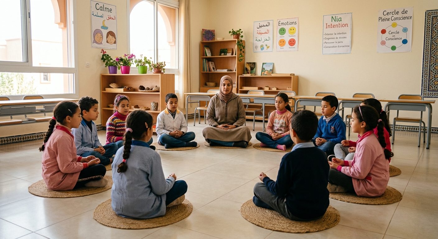 A mindfulness teacher guiding a circle of young students through a calm breathing exercise in a Moroccan classroom