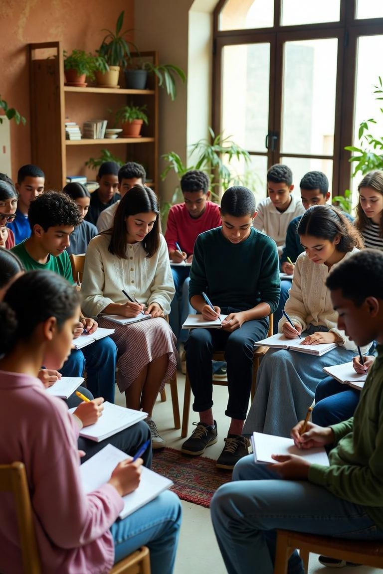 Teenagers writing in notebooks during a group mindfulness and emotional intelligence session